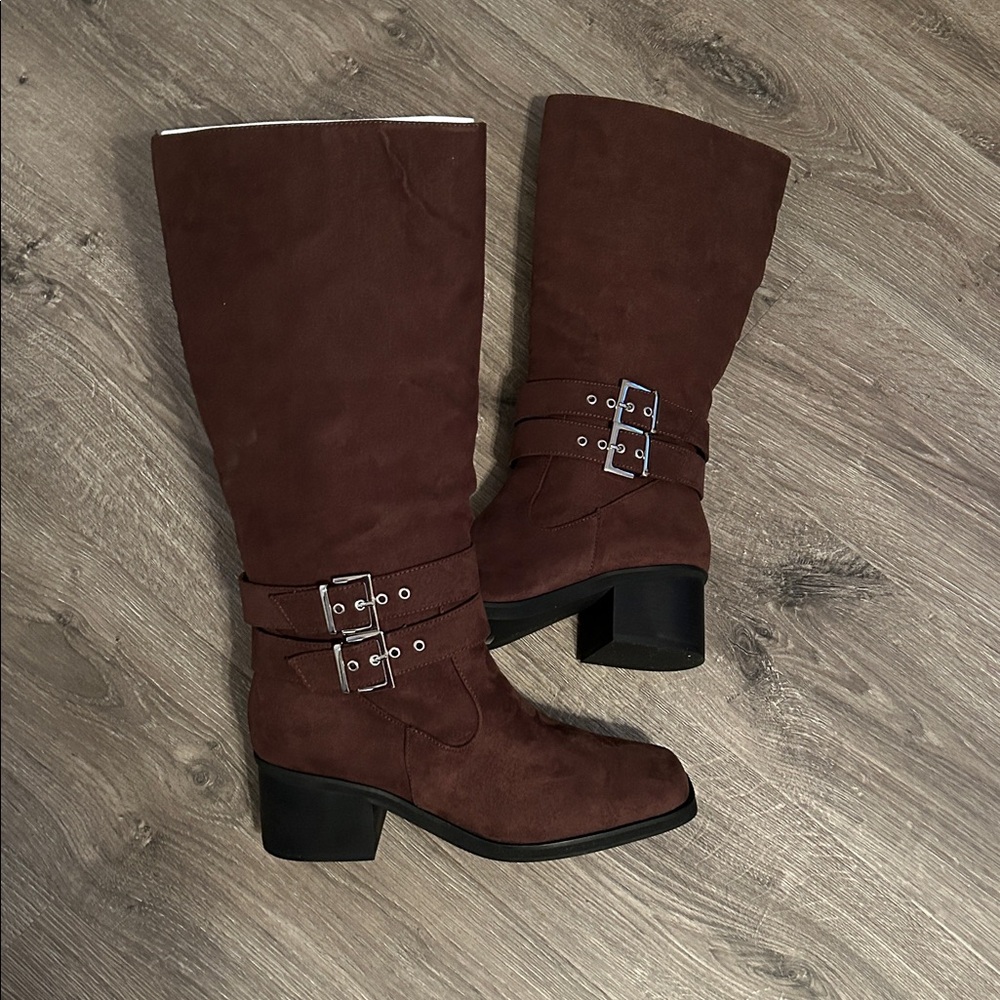 Women's Brown Tall Biker Boot with Buckles